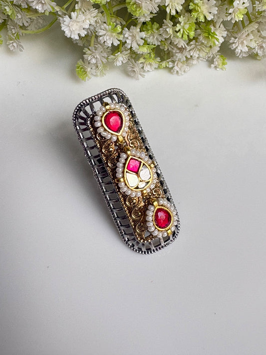 Meher MOP Kundan Fusion Adjustable Ring | Dualtone Kundan Statement Ring