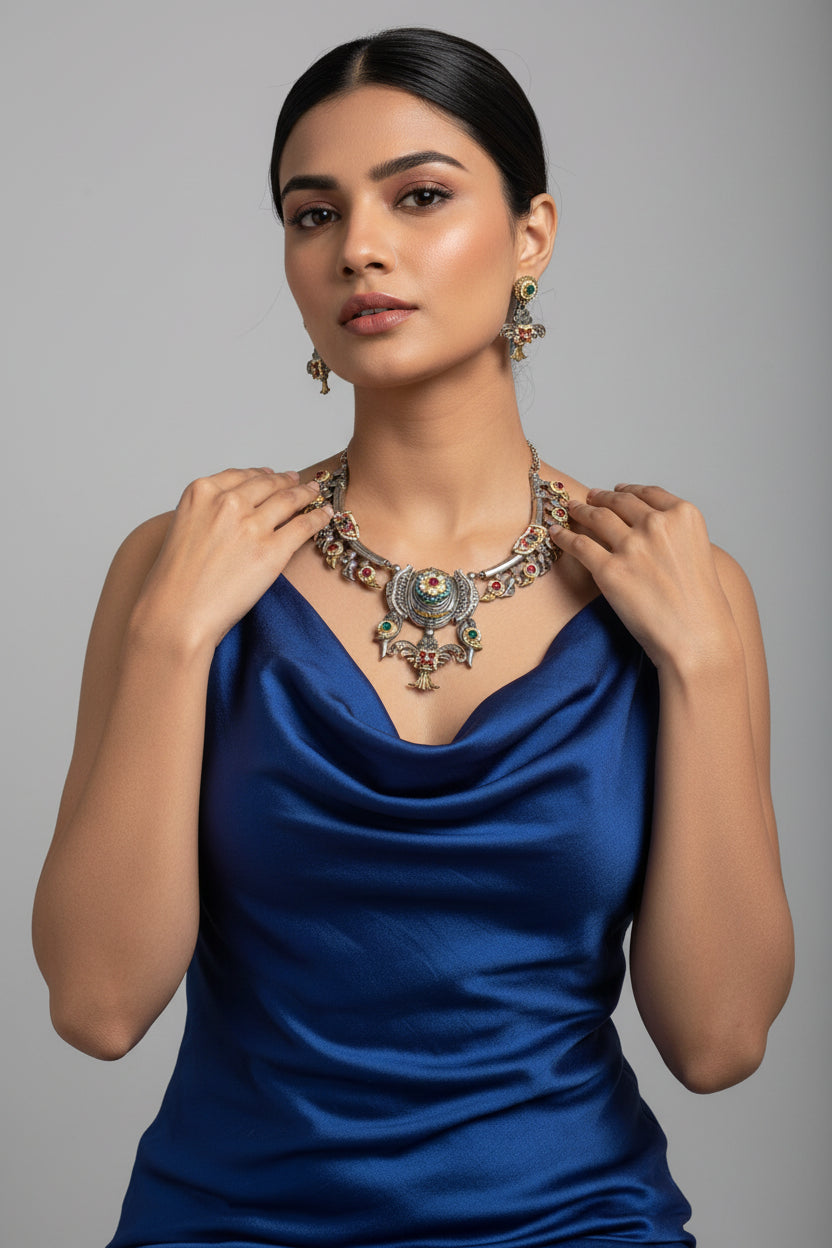 Statement German Silver Hasli Necklace with Pachi Kundan | Heritage Bridal Choker Set | Alankrent Luxe - Alankrent Luxe
