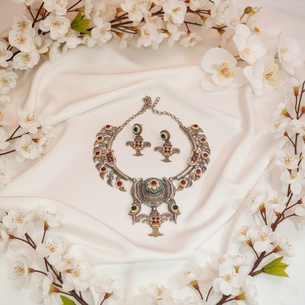 Statement German Silver Hasli Necklace with Pachi Kundan | Heritage Bridal Choker Set | Alankrent Luxe - Alankrent Luxe