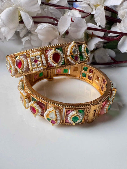 Meherza Gold Premium Kundan Stone Kada Online | Ruby Green Openable Brass Kada for Women