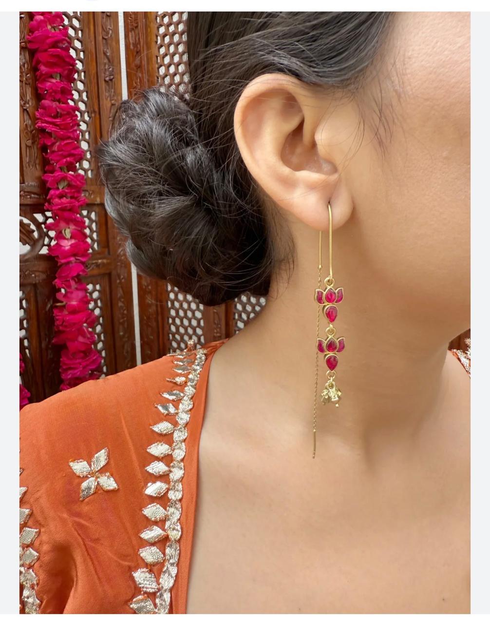Pushparaga Apala Polish Kundan Sui Dhaga Earrings – Lotus Drop Threader Earrings with Ghungroo for Women