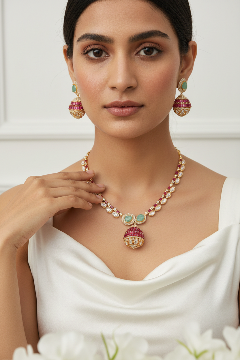 Meher Moissanite Polki Necklace Set with Emerald Stones & Jhumka Earrings | Luxury Bridal Jewellery