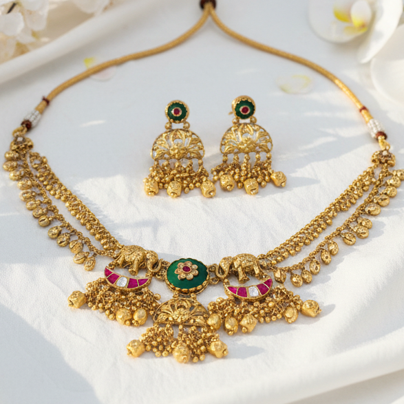 Temple Elephant Motif Gold Look Choker Set with Pink & Green Meenakari – Traditional Festive Jewellery - Alankrent Luxe