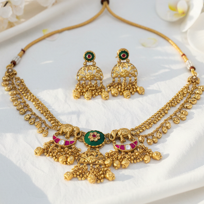 Temple Elephant Motif Gold Look Choker Set with Pink & Green Meenakari – Traditional Festive Jewellery - Alankrent Luxe