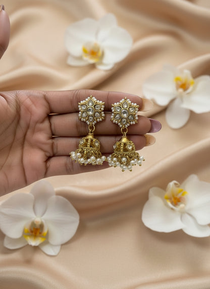Classic Polki Floral Jhumka Earrings | Handcrafted Kundan Jhumki with Pearl Clusters for Weddings & Timeless Indian Elegance