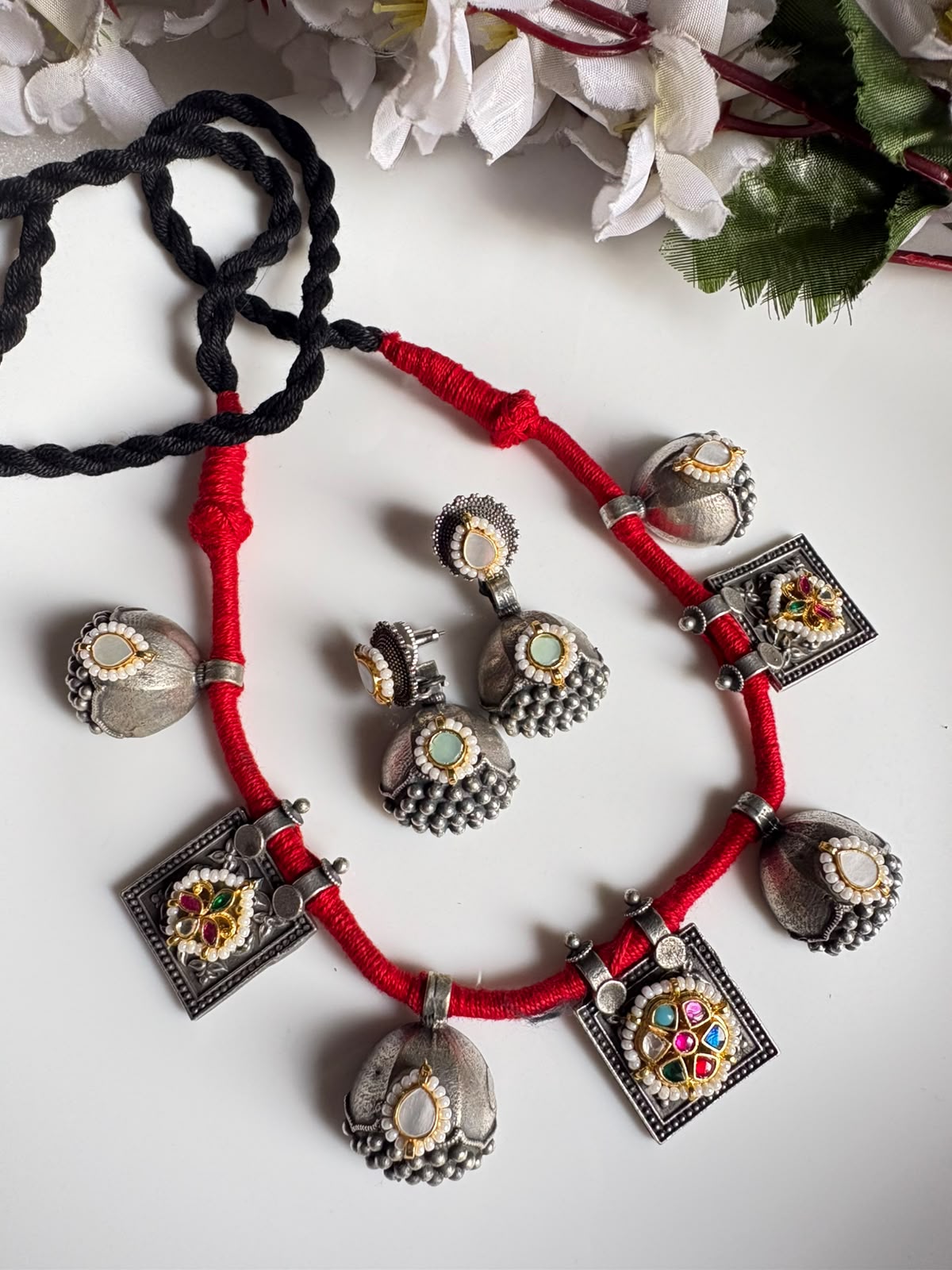 Raivana Kundan Fusion Thread SLA Necklace Set with Earrings | Premium Brass Jewellery | Alankrent Luxe
