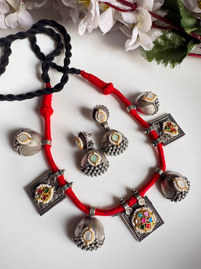 Raivana Kundan Fusion Thread SLA Necklace Set with Earrings | Premium Brass Jewellery | Alankrent Luxe