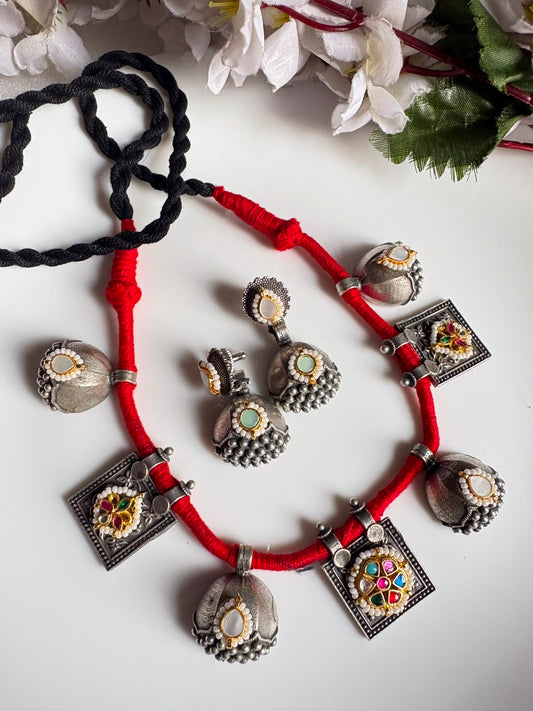 Raivana Kundan Fusion Thread SLA Necklace Set with Earrings | Premium Brass Jewellery | Alankrent Luxe