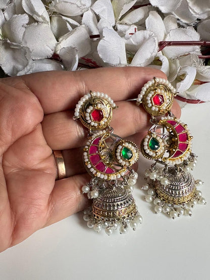 Chandrima Dual Tone Fusion Pachi Kundan Chandbali Jhumka Earrings | Premium Brass Dual Tone Pearl Jhumkas | Alankrent Luxe