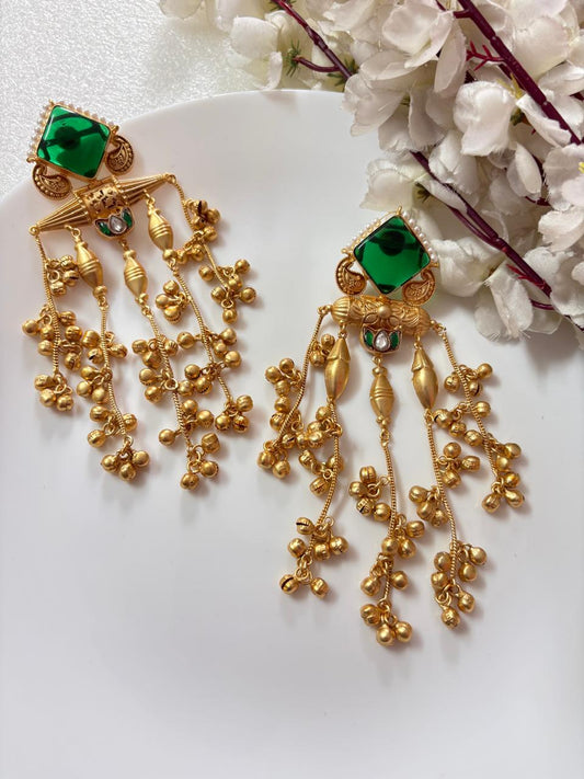 Heritage Kundan Long Dangler Earrings | Gold Matte Finish | Brass Base with Stone Tops & Ghungroo Detailing – Available in Green, White & Yellow