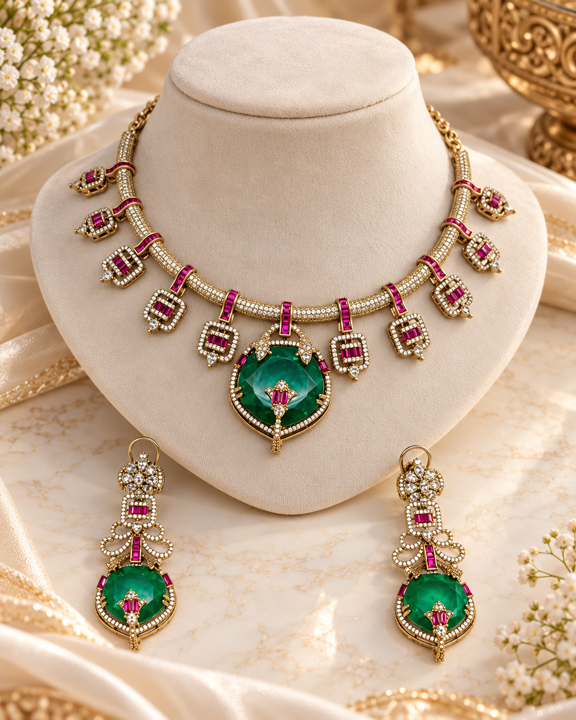 Emerald Green Doublet Stone Antique Gold Necklace Set with Earrings