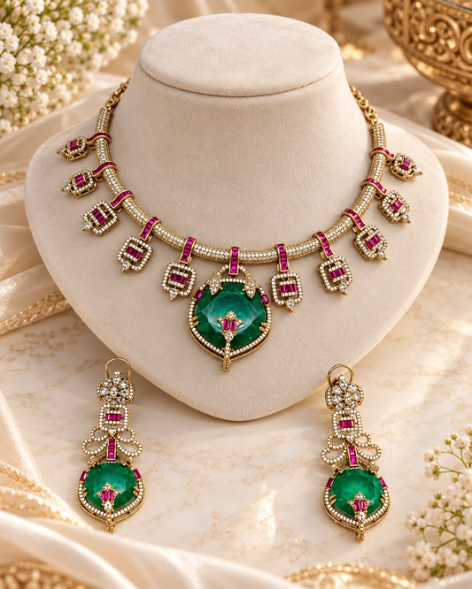 Emerald Green Doublet Stone Antique Gold Necklace Set with Earrings