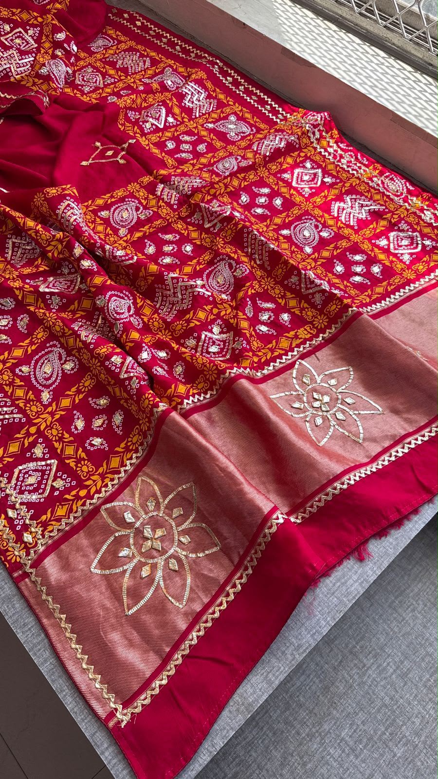 Rangmala Riwaayat Red Munga Silk Lakdi Patta Saree with Sikhiya Gota Work & Banarasi Blouse