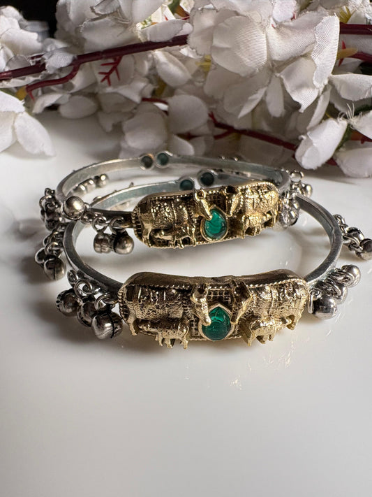 Vrishanandi Nandi Dual Tone Flexible Kada Bangles | Silver Tone Ghungharu Kada for Women | Alankrent Luxe