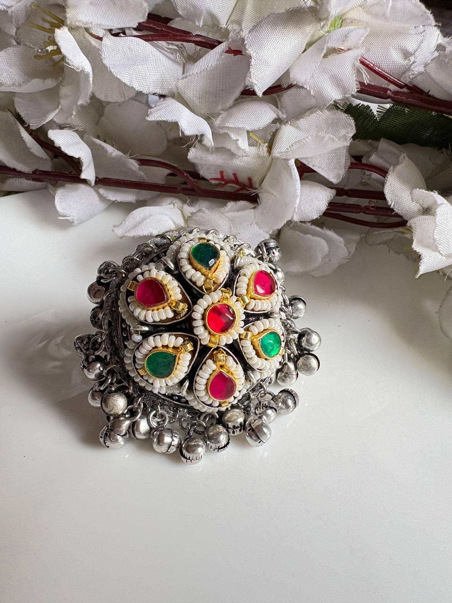 Zilmil Kundan Ring | Silver Tone Ghungroo Statement Ring for Women