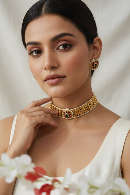 Padmika Gold Look Polki Choker Necklace Set with Matching Stud Earrings | Premium Bridal Jewellery