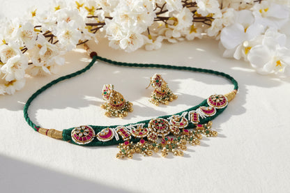 Handmade Cotton Crochet Pacchi Kundan Choker Set with Jhumka Earrings | Alankrent Luxe