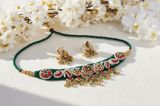 Handmade Cotton Crochet Pacchi Kundan Choker Set with Jhumka Earrings | Alankrent Luxe