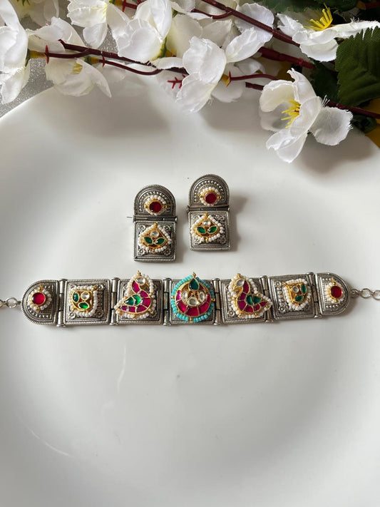 Antique Silver Look Kundan Goddess Motif Necklace Set with Earrings by Alankrent