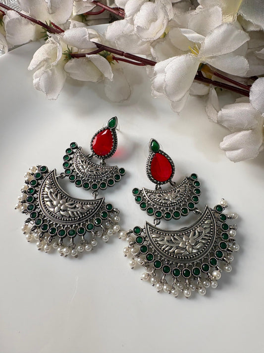 Silver Look Alike Chandbali Earrings With Pearl Fringe Brass Base Oxidised Finish Alankrent Ak Cbe - Alankrent Luxe