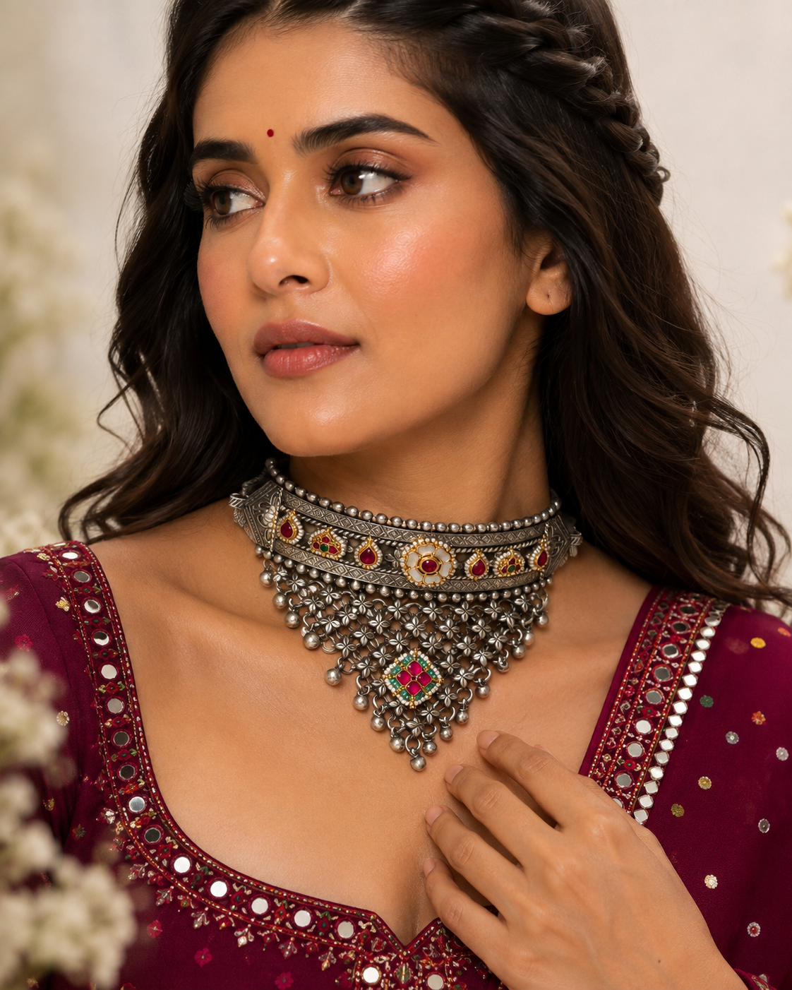Rajeshwari Rajputi Haad Kundan Fusion Choker | Silver Look Alike Heritage Rajputi Necklace