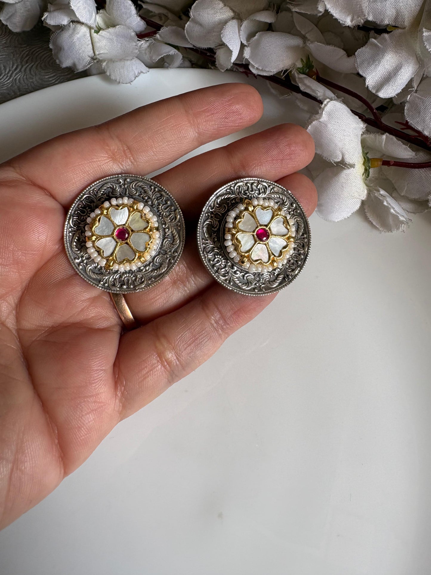 Dual-Tone Floral Kundan Stud Earrings with Pearl Detailing | Alankrent