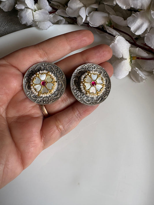 Dual-Tone Floral Kundan Stud Earrings with Pearl Detailing | Alankrent