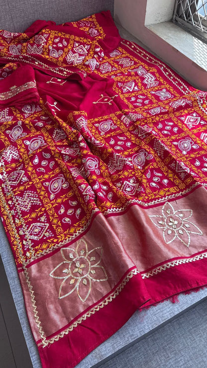 Rangmala Riwaayat Red Munga Silk Lakdi Patta Saree with Sikhiya Gota Work & Banarasi Blouse