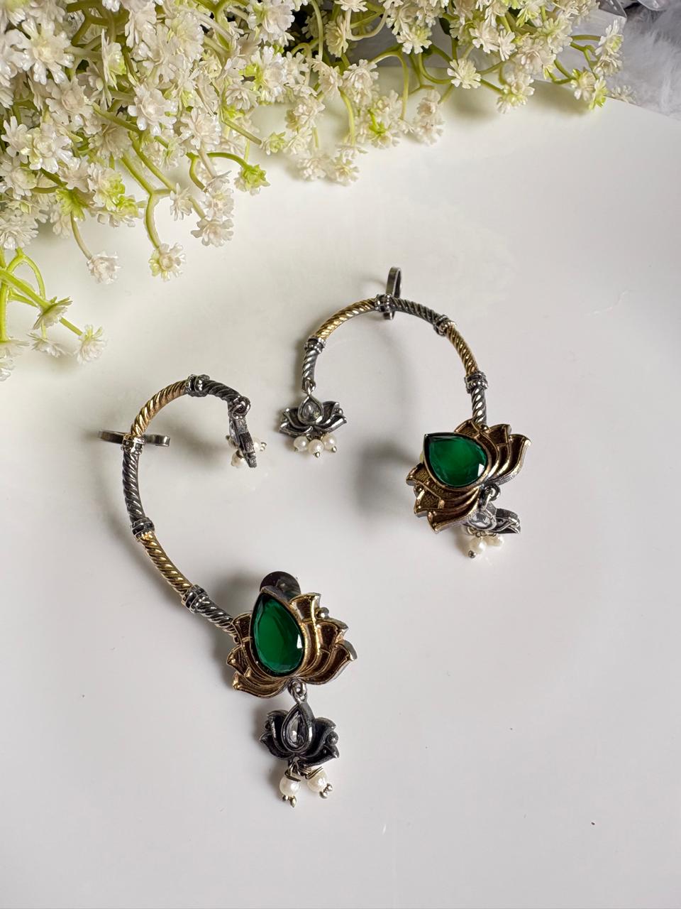 Padmika Dual-Tone Stone Ear Cuffs with Lotus Motif | Indian Ethnic Statement Jewellery