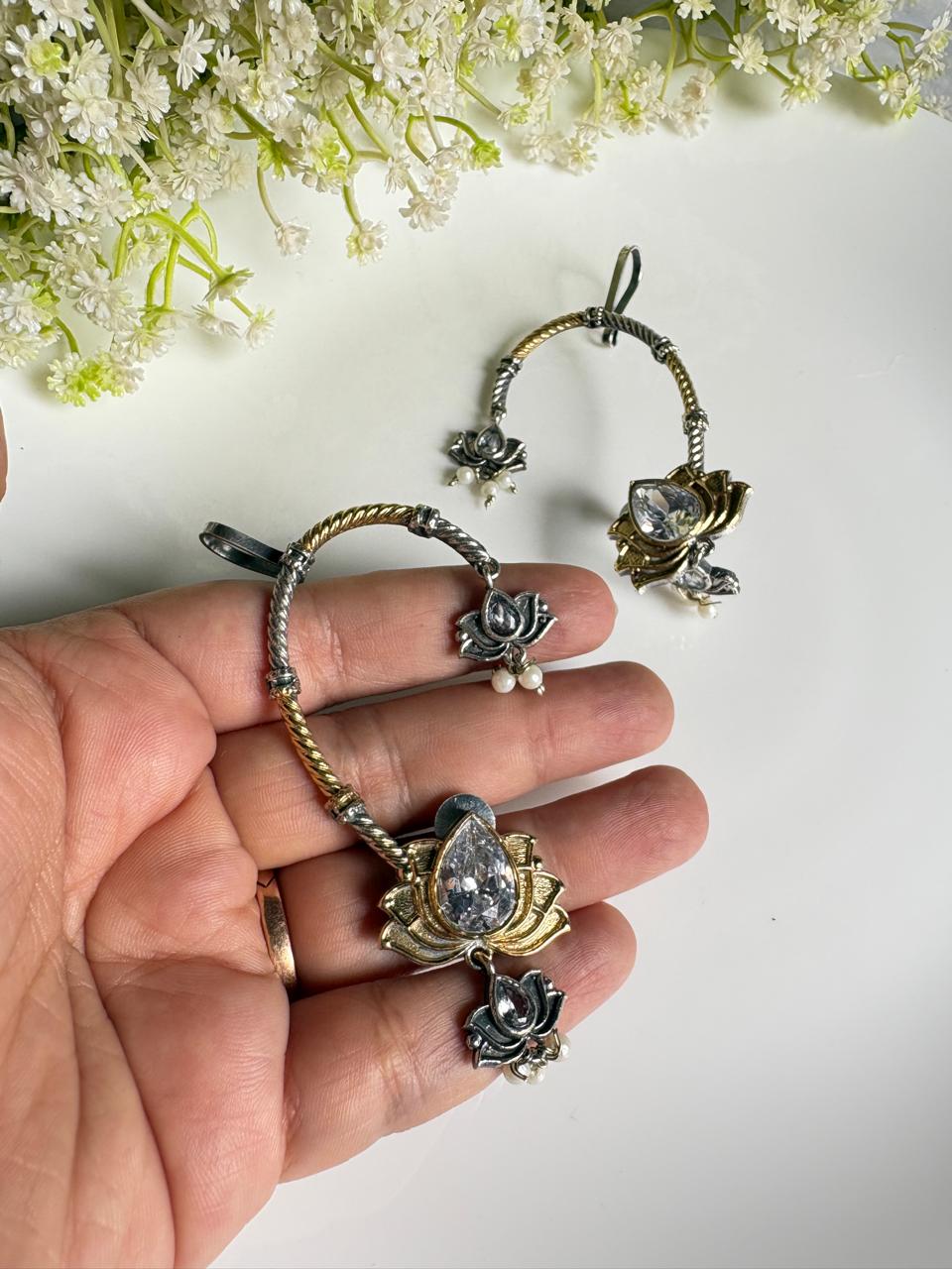Padmika Dual-Tone Stone Ear Cuffs with Lotus Motif | Indian Ethnic Statement Jewellery