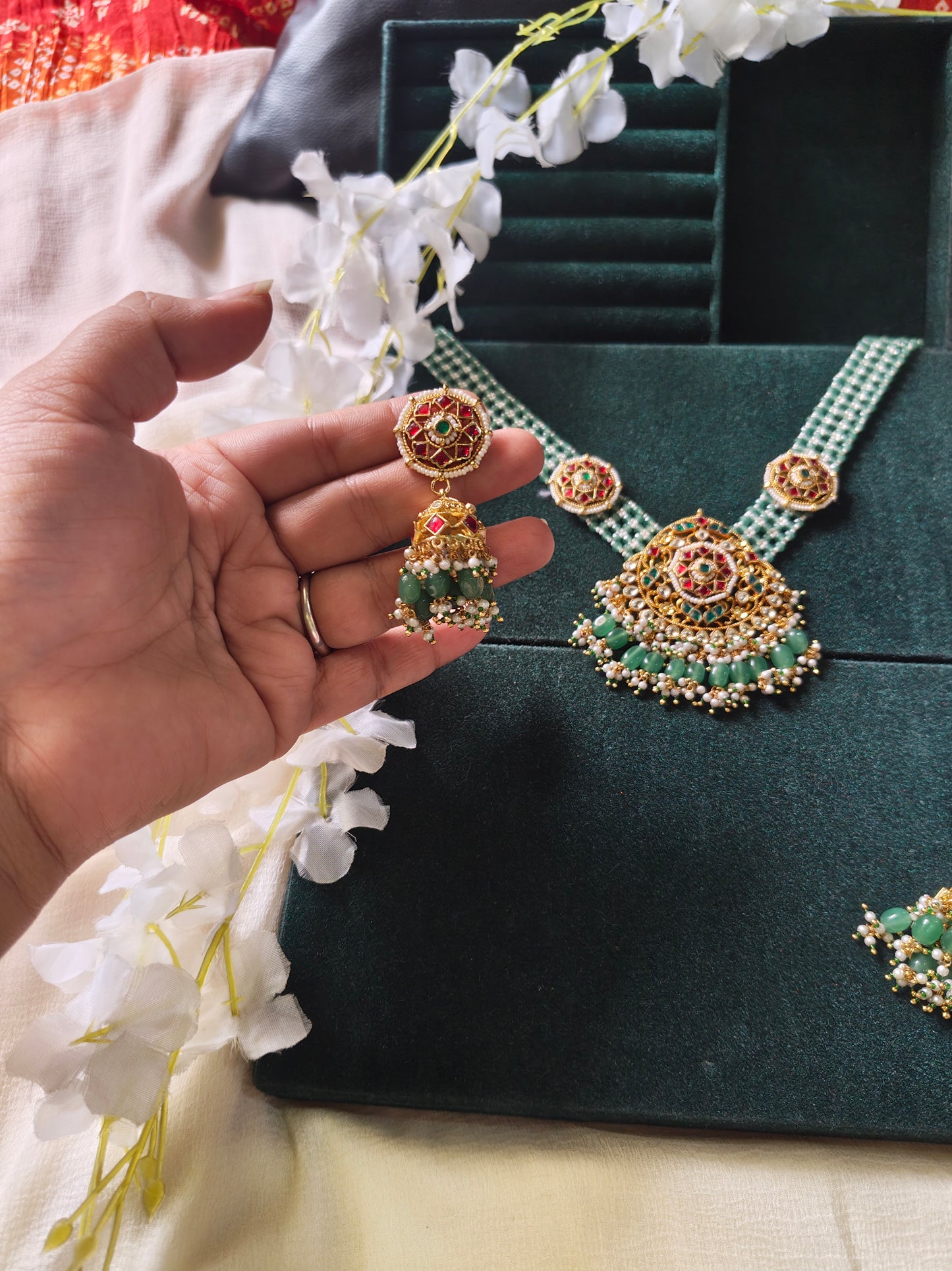 Aarunya Polki Kundan Pearl Choker Set | Green Beaded Bridal Necklace with Jhumka Earrings