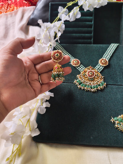 Aarunya Polki Kundan Pearl Choker Set | Green Beaded Bridal Necklace with Jhumka Earrings