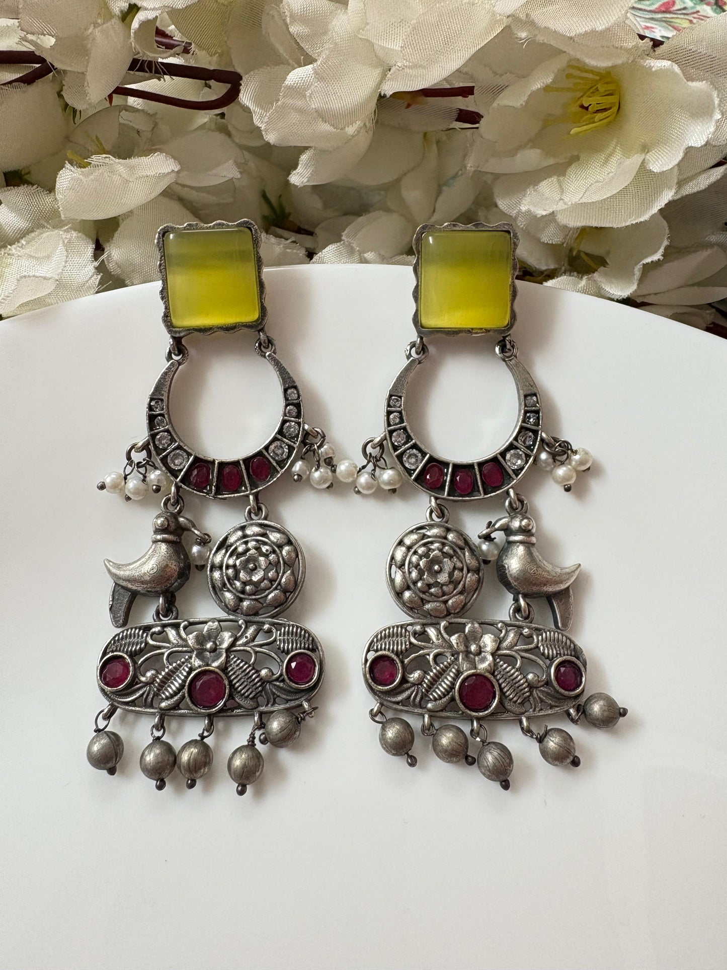 ELVORA Silver Look Statement Earrings with Bird Motif | Designer Ethnic Earrings