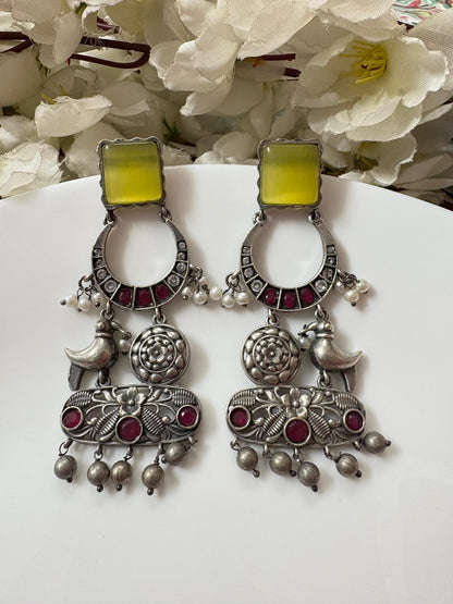 ELVORA Silver Look Statement Earrings with Bird Motif | Designer Ethnic Earrings