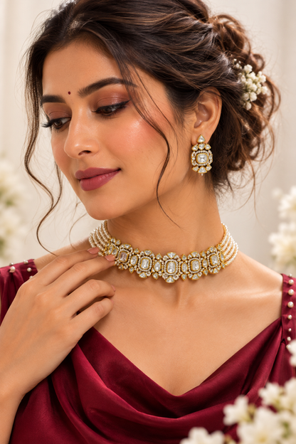 Rajshree Pearl Kundan Necklace Set with Earrings | Premium Traditional Indian Jewellery