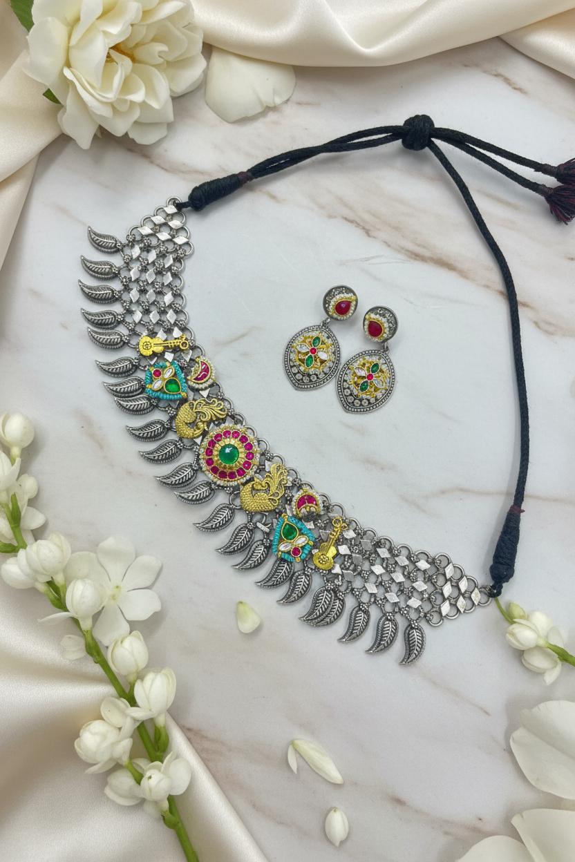 Mayur Veena German Silver Neck Hugging Choker Set with Earrings | Peacock Kundan Fusion Statement Choker for Women