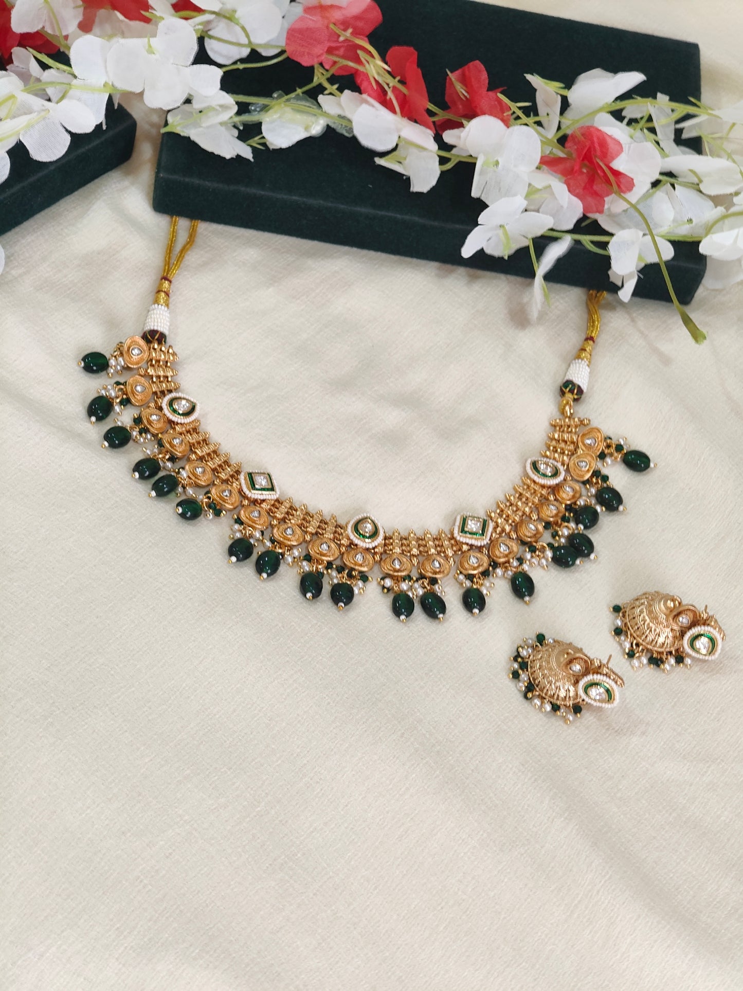 Mehera Gold Lookalike Jadtar Kundan Necklace Set with Green Bead Drops & Jhumka Earrings | Traditional Bridal Jewellery