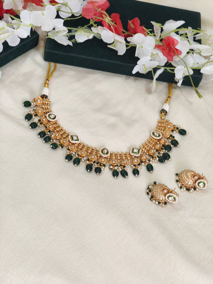 Mehera Gold Lookalike Jadtar Kundan Necklace Set with Green Bead Drops & Jhumka Earrings | Traditional Bridal Jewellery