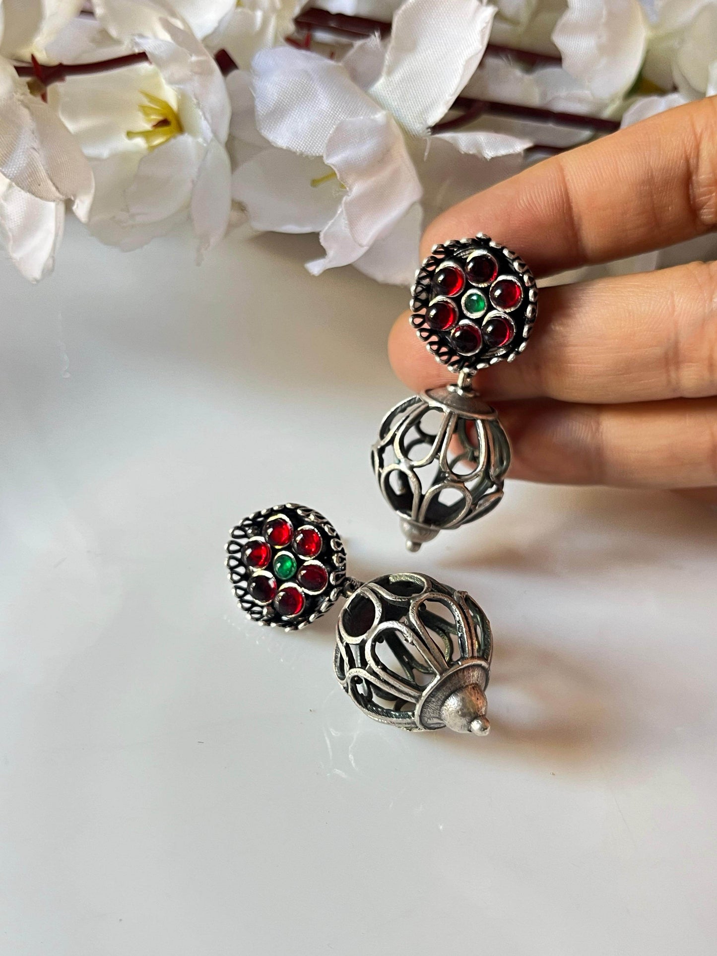 Silver lookalike Dome Jhumkas - Alankrent Luxe
