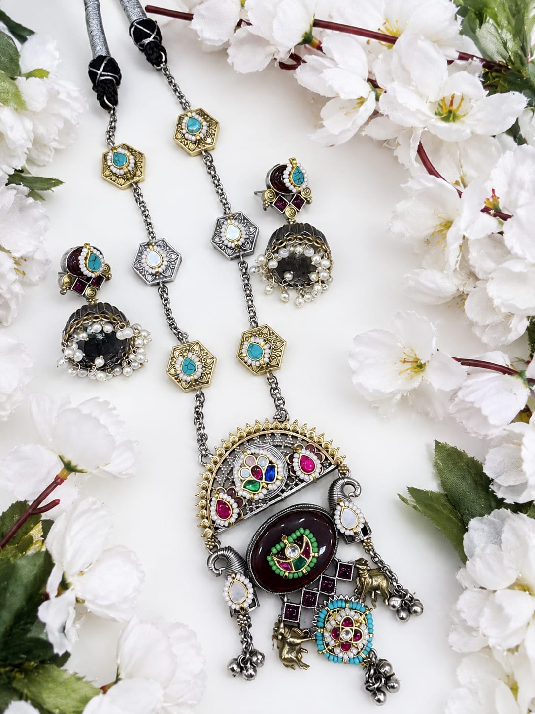 Mayurika Kundan Fusion Long Necklace with Earrings | Navratri & Garba Jewellery
