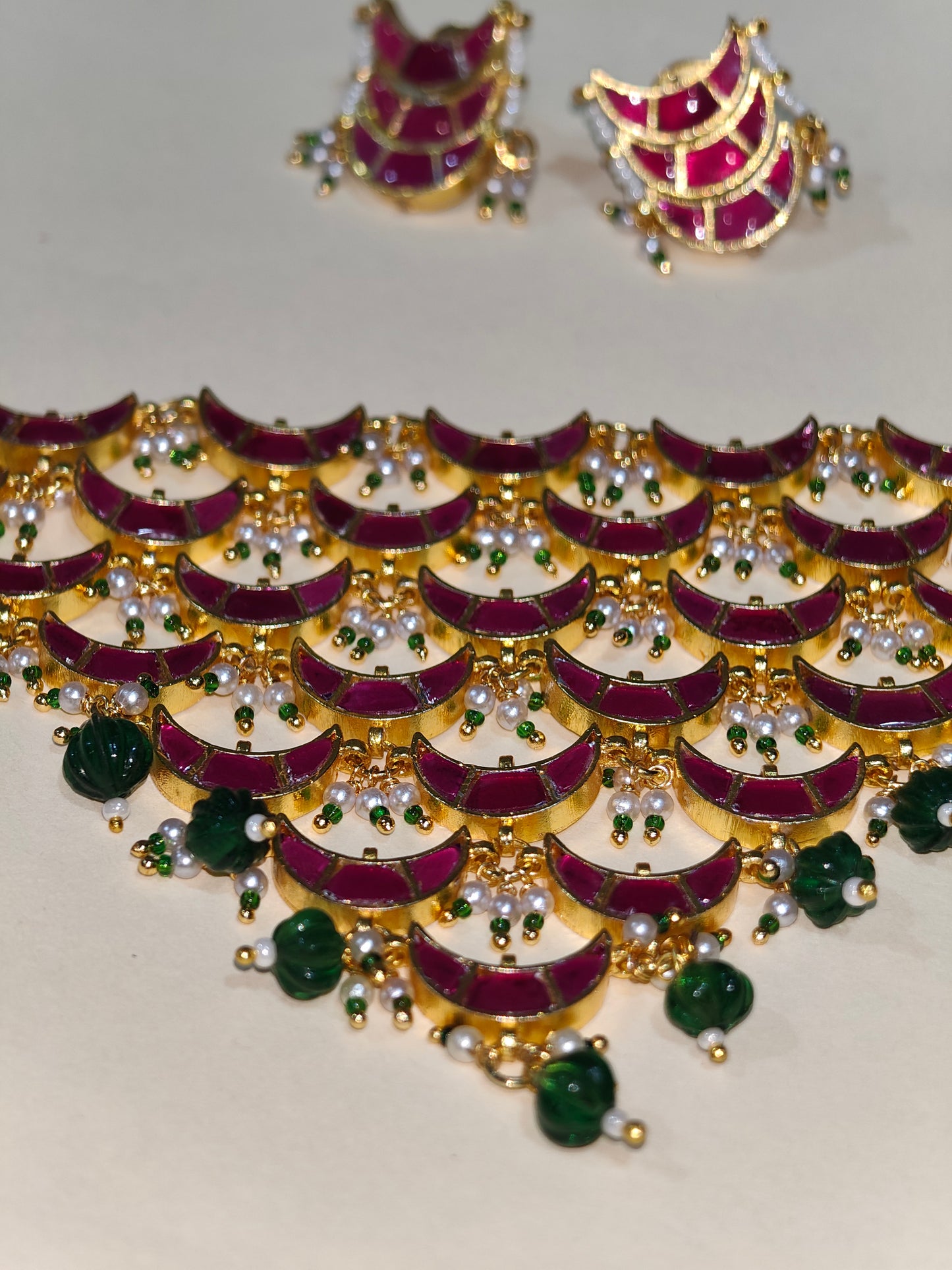 Raktika Veni Kundan Necklace Set with Stud Earrings| Navratri Statement Jewellery | Ruby Green Layered Choker Haar