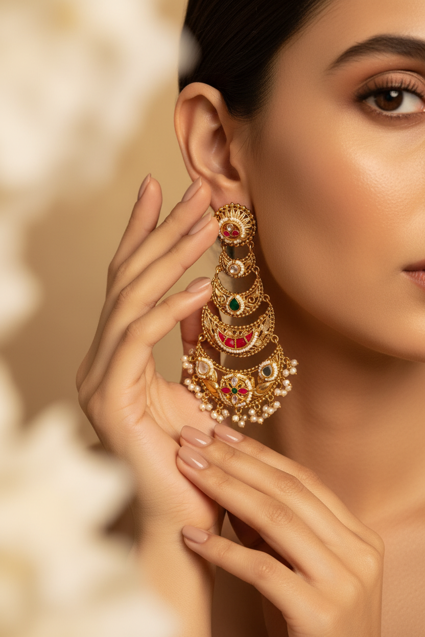 Rajnandini Gold Matt Kundan Chandbali Earrings | Premium Heritage Statement Earrings