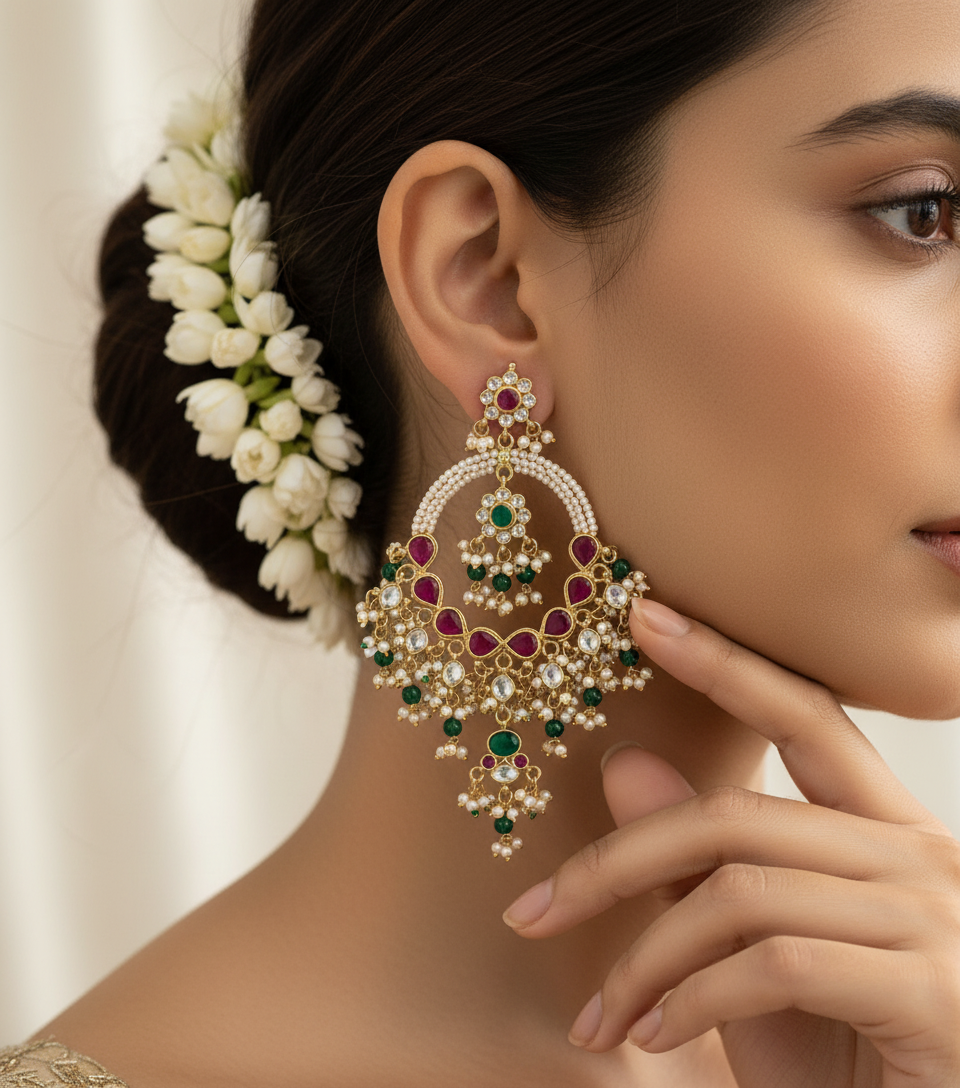 Emerald & Rani Kundan Bridal Chandbali | Handcrafted Heritage Earrings with Pearl & Bead Detailing