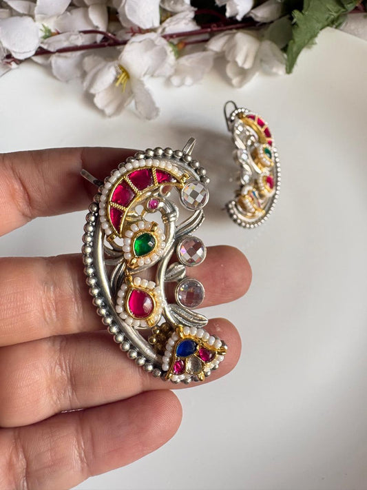 Dualtone Silver Gold Kundan Ear Cuffs | SLA Premium Fusion Statement Earrings | Alankrent Luxe