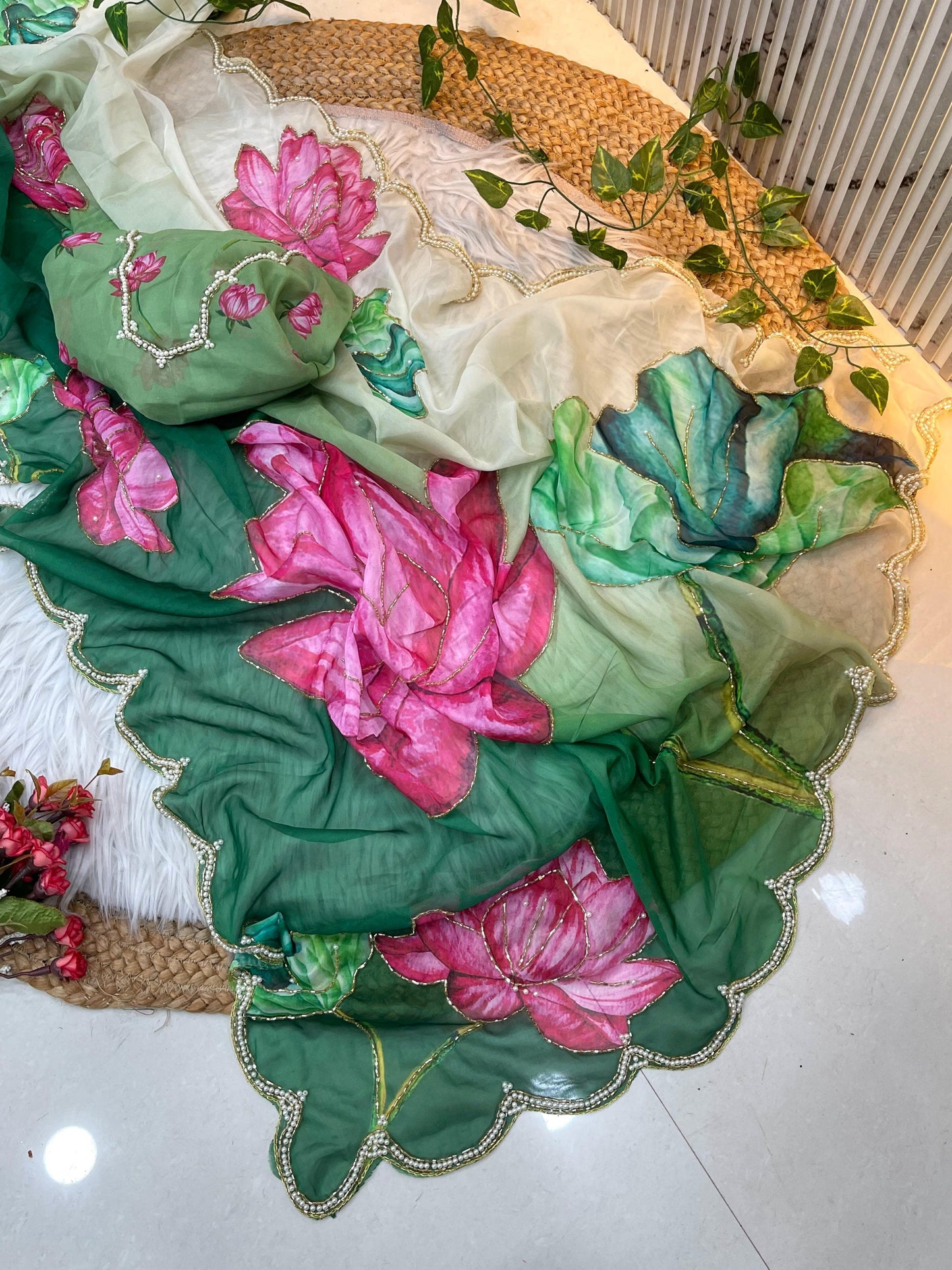 Luxury Silk Saree with Digital Floral Print & Cutdana Moti Border | Luxury Saree