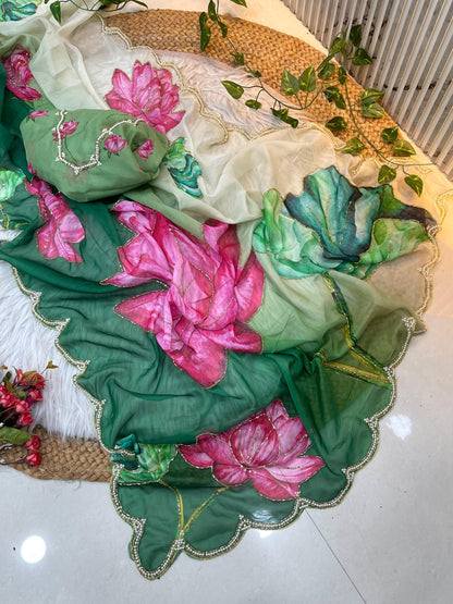 Luxury Silk Saree with Digital Floral Print & Cutdana Moti Border | Luxury Saree