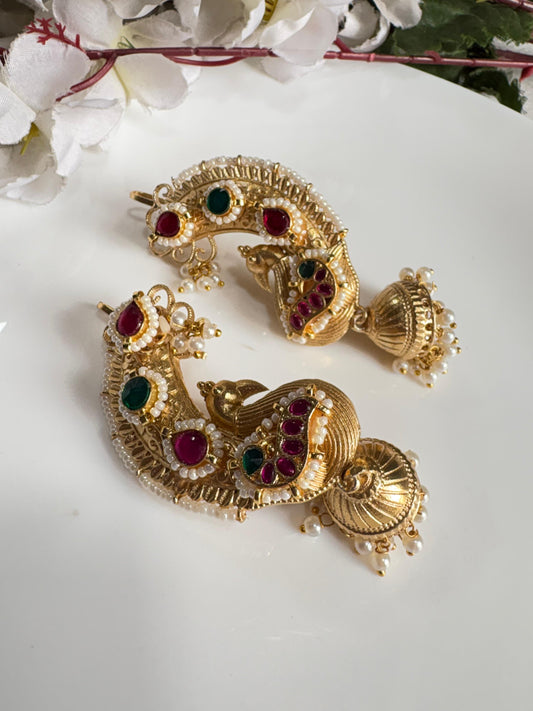 Temple Peacock Kundan Ear Cuffs with Gold Polish & Pearl Jhumka | Bridal Statement Earrings | Alankrent Luxe