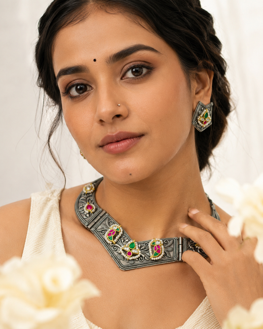 Peacock Pachi Kundan Fusion Heritage Choker Necklace Set with Earrings | German Silver Designer Choker