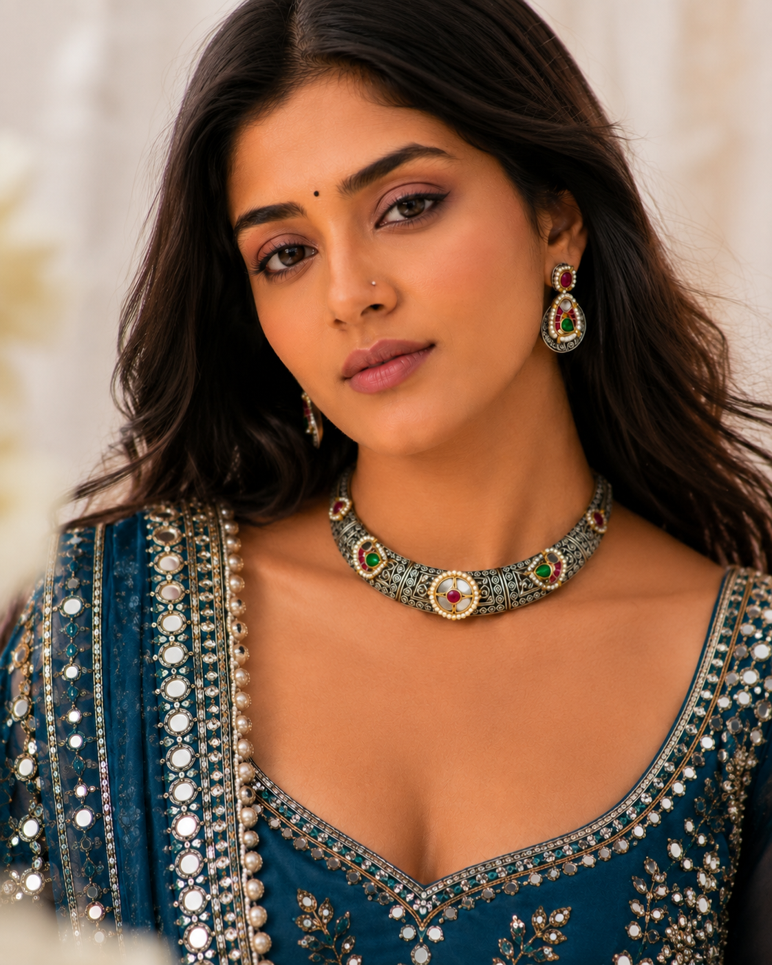 Rajatmayi Pachi Kundan Fusion Heritage Hasli Necklace Set with Earrings | German Silver Traditional Jewellery | Alankrent Luxe
