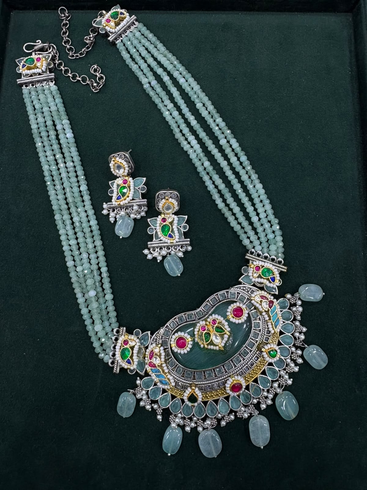 Neelambari Premium SLA Dual Tone Stone Necklace Set with Kundan Fusion & Earrings | Heritage Wedding Jewellery